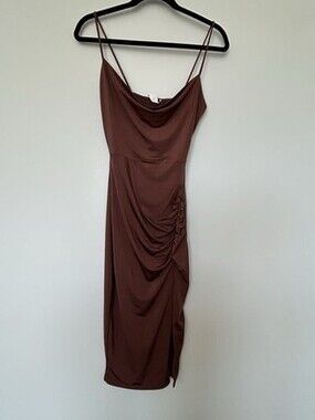 Windsor Brown Satin Midi Slip Dress | Ruched Cowl Neck